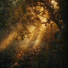 Mystical Forest, Glowing Fairy, Magical aura, Enchanting woodland scene, Misty morning, Photography, Golden Hour, Vignette - obrazy, fototapety, plakaty