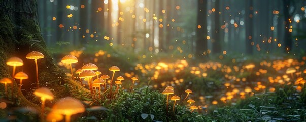 Enchanted forest, glowing mushrooms, mystical creatures, at twilight, realistic photography, golden hour, depth of field bokeh effect