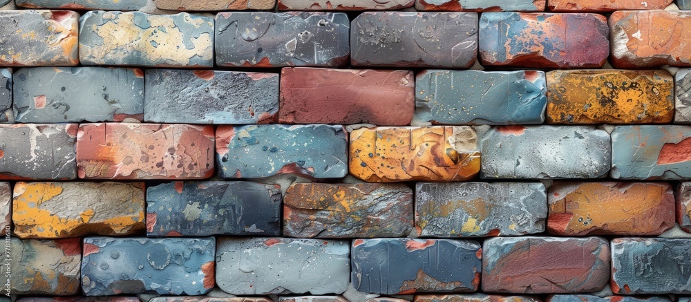 Poster a detailed closeup of a brick wall showcasing various colored bricks creating a unique pattern. the 