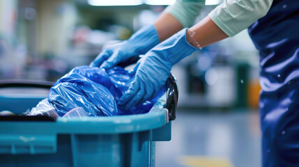 Close-Up of Cleaner's Hands Removing Waste into Bin on Trolley