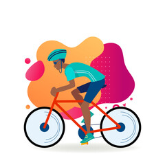 Athletic man cycling outdoors. Athlete riding bike, hardhat, race flat vector illustration. Sport, activity, lifestyle concept for banner, website design or landing web page