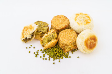 Chinese pastry mung bean cake on white background