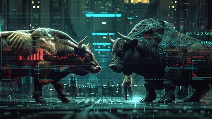 Dynamic scene capturing a bull and a bear in a symbolic tug of war on a trading floor, surrounded by traders who watch anxiously The animals are adorned with stock tickers and graphs - obrazy, fototapety, plakaty