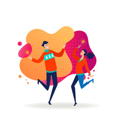 Cheerful couple celebrating Christmas. Man and woman holding sparklers and dancing flat vector illustration. New Year, Xmas, party, holiday concept for banner, website design or landing web page