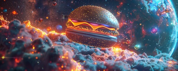 Giant burger-shaped spaceship soaring through a galaxy filled with dancing TikTok icons and...
