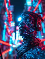 Robot influencer posing with a selfie stick in a neon-lit cyberpunk city, the streets below covered with photo filters and trending hashtags Photography, backlights, HDR - obrazy, fototapety, plakaty