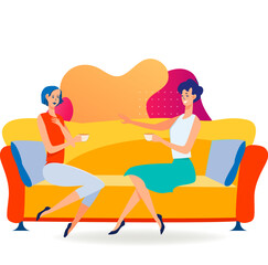 Cheerful female friends meeting and chatting. Women sitting on couch, drinking tea, talking flat vector illustration. Communication, friendship concept for banner, website design or landing web page