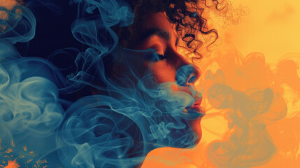 Womans Face Emitting Smoke - obrazy, fototapety, plakaty