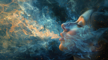 Woman With Eyes Closed and Smoke - obrazy, fototapety, plakaty