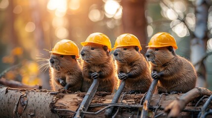 Photo illustrating beavers wearing construction helmets, diligently building a dam that resembles a startups openplan office