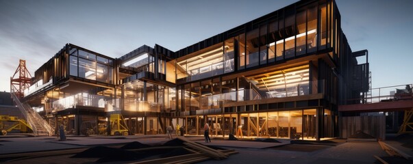 Fototapeta premium Witness the progress of modern architecture at a construction site, where concrete and steel structures rise against the backdrop of urban innovation.