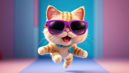 3d rendering cute cat wearing sunglasses with a vibrant background