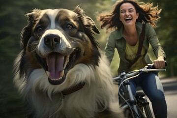 Joyful woman riding a bicycle with her happy Australian Shepherd dog running alongside on a sunny day, depicting friendship and an active lifestyle.