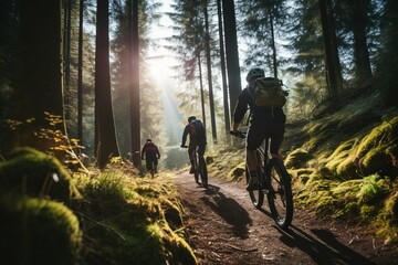 Early morning outdoor activity with a cyclist and hikers on a forest trail, sunlight streaming through the trees, highlighting the natural scenery. - Powered by Adobe