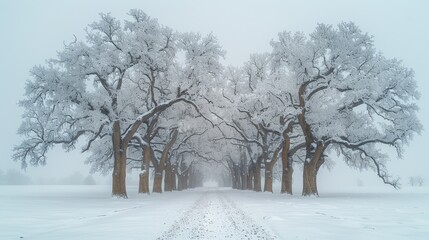   A snow-covered road surrounds trees amidst a snow-field, with snow on the ground