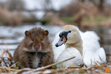Fototapeta premium A brown mouse and a white swan are sitting on the grass near a body of water