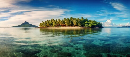Tropical island in the open sea. Aerial view of a small rocky uninhabited island with a small sandy beach among a coral reef. - obrazy, fototapety, plakaty