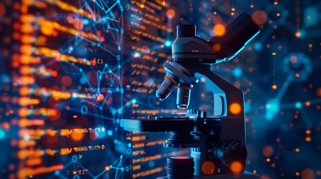 Microscope, Tool for scientific and medical research, Medical concept, futuristic background