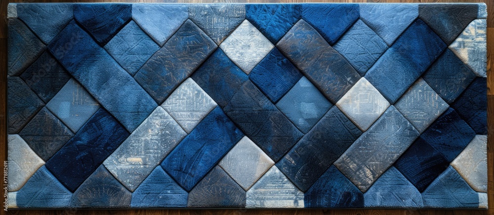 Poster a pattern of blue and white rectangles on a wooden table, creating a calming and elegant look with h
