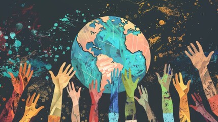 A multitude of hands in varying skin tones reach upwards towards a Earth, symbolizing global unity and diversity.