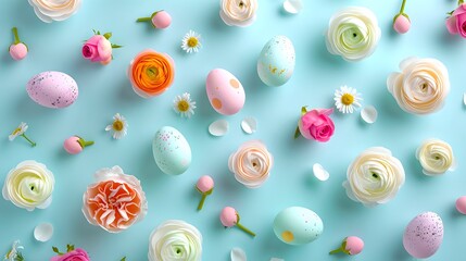 Colorful Easter eggs and fresh spring flowers scattered on a pastel blue background. Perfect for holiday designs. Ideal for greeting cards and invitations. AI