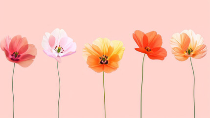 Five different colored flowers are arranged in a row
