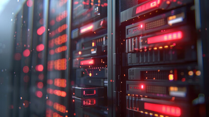 Close-Up of Mainframe Storage Servers in Data Center, Mainframe Servers at the Heart of Cloud Network