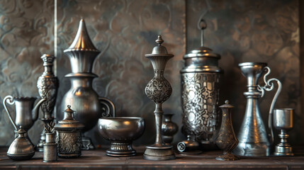 Fototapeta na wymiar Antique Metalwork Ensemble, Create images featuring an ensemble of antique metalwork items, including vases