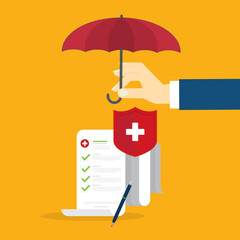 Medical healthcare insurance. Red shield on patient protection policy and pen. Medicine symbol.	
