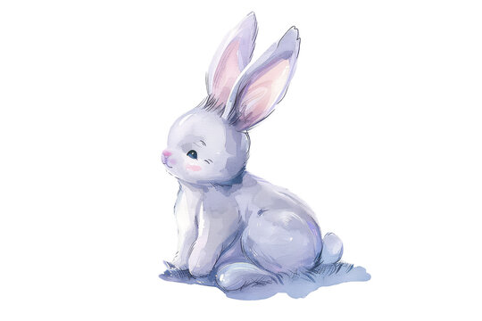 A gentle gray bunny gazes curiously at surrounding butterflies, painted in delicate watercolors, evoking a sense of wonder and innocence, ideal for children's literature and whimsical decor.