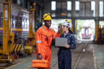 Engineer supervisor uses laptop for train diagnostics, maintenance, and CO2 reduction discussions.