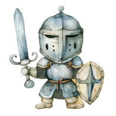 Naklejka premium Cute cartoon illustration of a valiant knight in armor stands ready, ideal for storytelling in children's books or historical education materials.