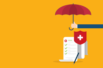 Medical healthcare insurance. Red shield on patient protection policy and pen. Medicine symbol.	