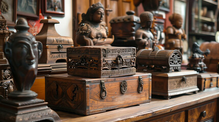 Antique Wooden Treasures, Showcase the allure of antique wooden treasures, such as chests, trinket...