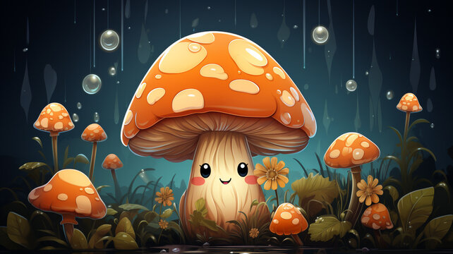 A cute logo icon of a smiling mushroom on a magical enchanted forest background.