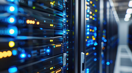 Close-Up of Mainframe Storage Servers in Data Center, Mainframe Servers at the Heart of Cloud Network