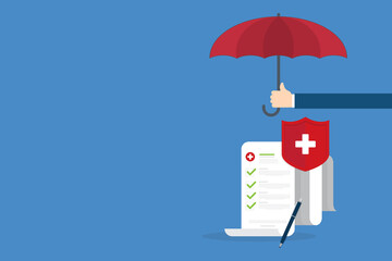 Medical healthcare insurance. Red shield on patient protection policy and pen. Medicine symbol.	
