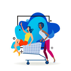 Joyful female friends shopping and having fun. Multiracial women riding shopping cart flat vector illustration. Communication, friendship concept for banner, website design or landing web page