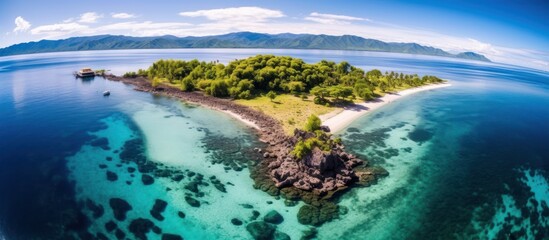 Fototapeta na wymiar Tropical island in the open sea. Aerial view of a small rocky uninhabited island with a small sandy beach among a coral reef.