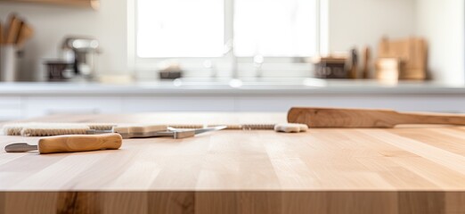 Explore the rustic charm of a kitchen interior, complete with a wooden table and chairs, set against a softly blurred background for a cozy atmosphere.