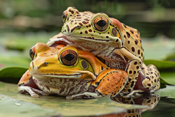 Two frogs are sitting on a leaf, one of them is green and the other is yellow