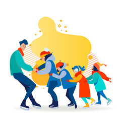 Man training children to skate on ice. Group of kids, skating school, trainer flat vector illustration. Vacation, holiday, lifestyle, activity concept for banner, website design or landing web page