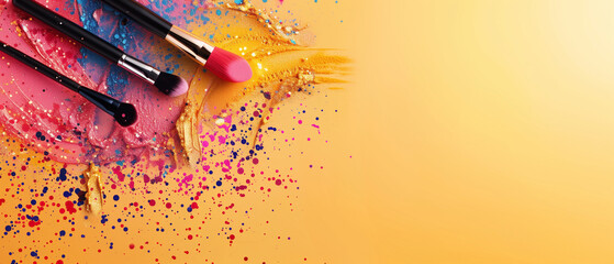 Banner with vibrant cosmetic brushes with colorful makeup powder explosion on a warm yellow background. Copy space.  Generative AI