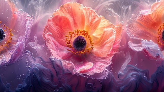   Close-up of three pink flowers with water droplets against a purple-pink background with blue swirls and bubbles