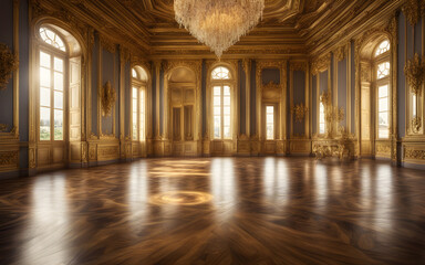 Golden ballroom with large windows, gilded floors in a lavish rococo baroque palace, neoclassical...