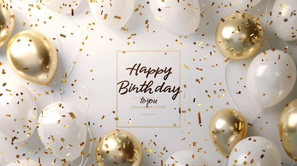 Gold and White Balloons with Confetti and Happy Birthday Greeting