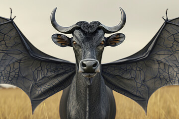 A cow with a black wing on its back