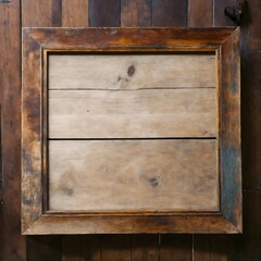 Vintage wooden frame on a rustic plank background.