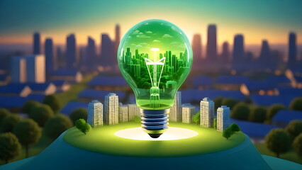 Eco-Friendly Innovation, Glowing Light Bulbs in the Middle of a Green City