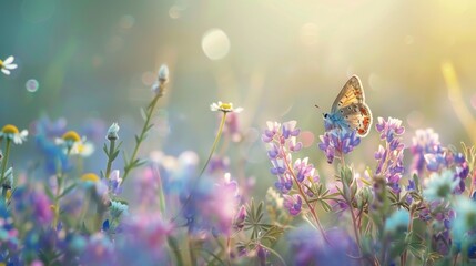 Beautiful wild flowers chamomile, purple wild peas, butterfly in morning haze in nature close-up macro. Landscape wide format